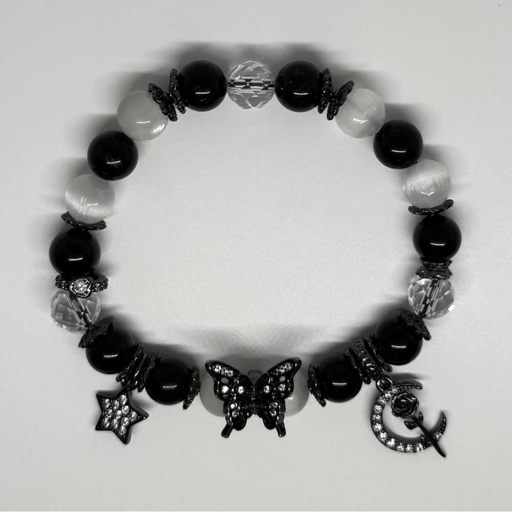 Black Tourmaline, Faceted Clear Quartz and Selenite Crystal Bracelet